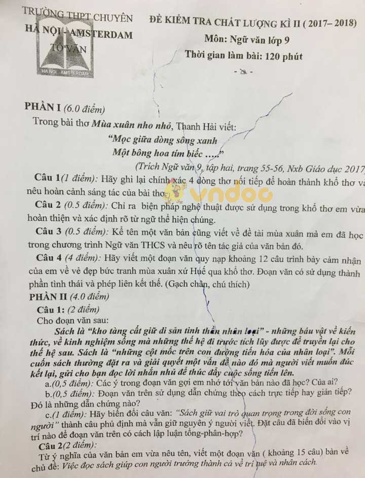 Đề thi giữa học kì 2 lớp 9 môn Ngữ văn trường THPT Chuyên Hà Nội - Amsterdam năm học 2017 - 2018