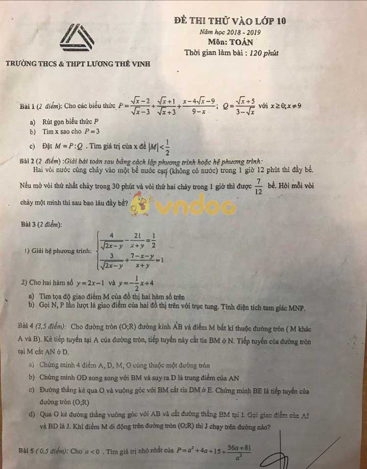 Đề thi thử vào lớp 10 môn Toán trường THCS & THPT Lương Thế Vinh năm học 2018 - 2019
