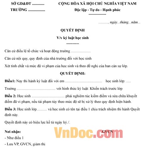 Quyết định kỷ luật học sinh khiển trách trước lớp