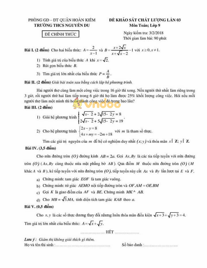 Đề khảo sát chất lượng lớp 9 môn Toán trường THCS Nguyễn Du, Hoàn Kiếm năm học 2017 - 2018 - Lần 03