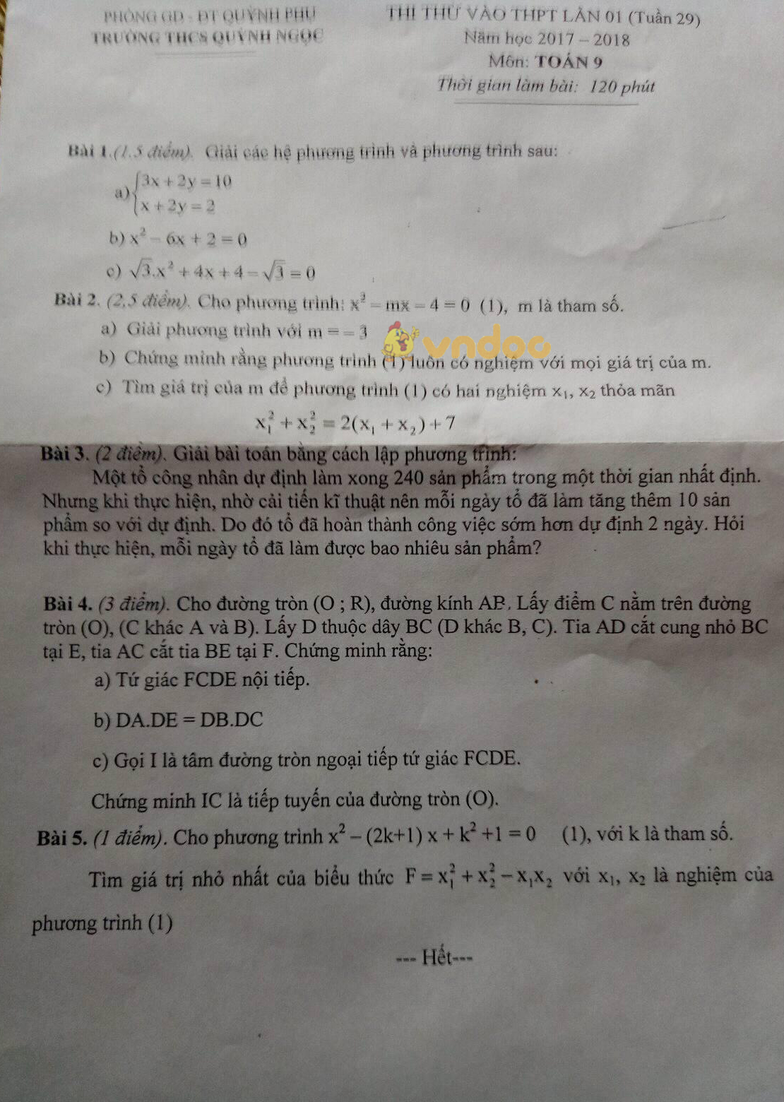 Đề thi thử vào lớp 10 môn Toán trường THCS Quỳnh Ngọc, Quỳnh Phụ năm học 2017 - 2018