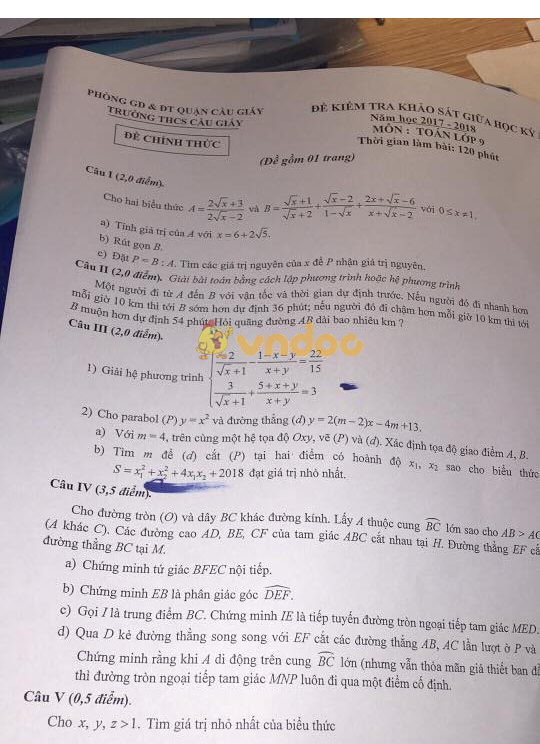 Đề kiểm tra khảo sát giữa học kì 2 lớp 9 môn Toán trường THCS Cầu Giấy, Quận Cầu Giấy năm học 2017 - 2018