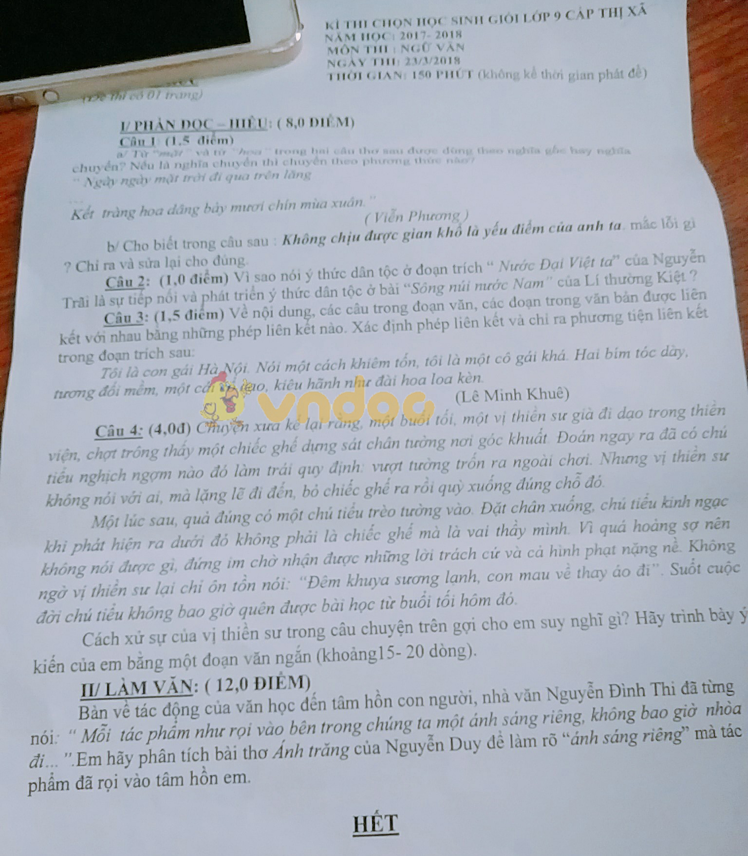 Đề thi chọn học sinh giỏi cấp thị xã lớp 9 môn Ngữ văn Phòng GD&ĐT Kiến Tường năm học 2017 - 2018