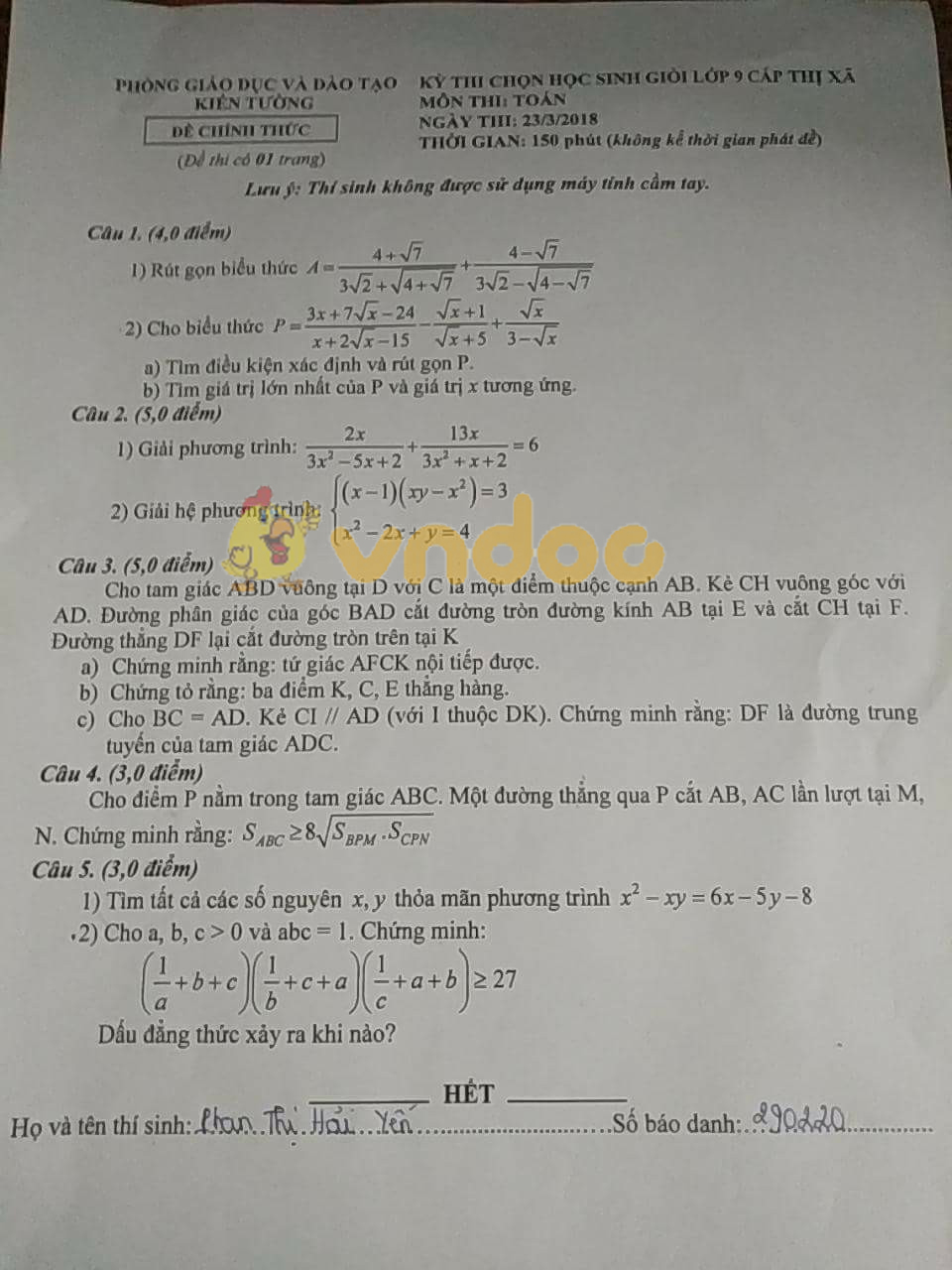 Đề thi chọn học sinh giỏi cấp thị xã lớp 9 môn Toán Phòng GD&ĐT Kiến Tường năm học 2017 - 2018