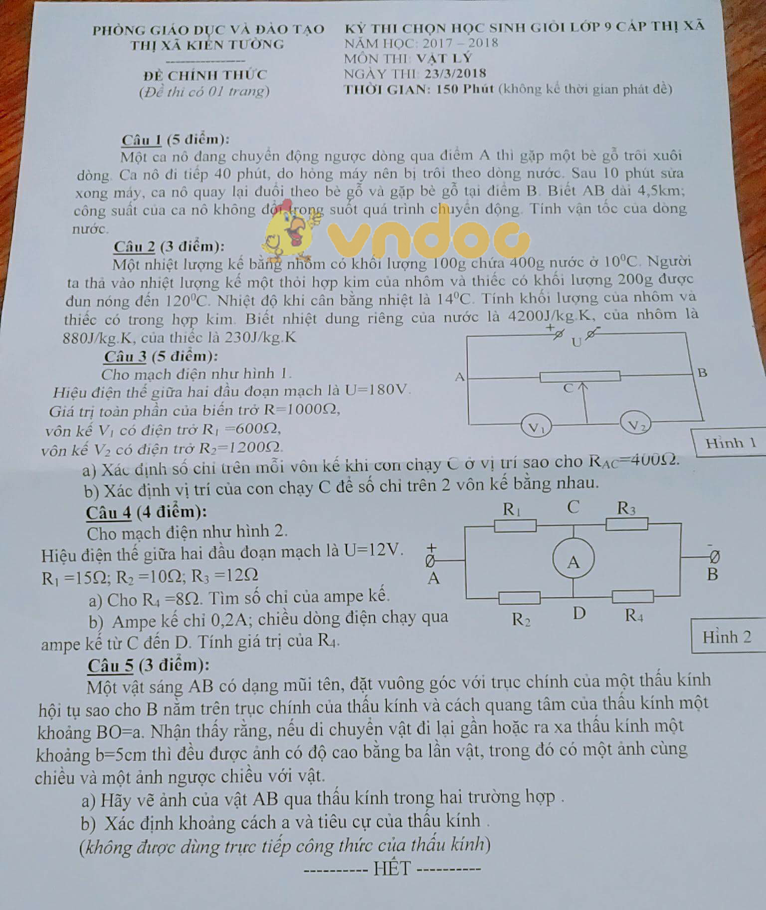 Đề thi chọn học sinh giỏi cấp thị xã lớp 9 môn Vật lý Phòng GD&ĐT thị xã Kiến Tường năm học 2017 - 2018
