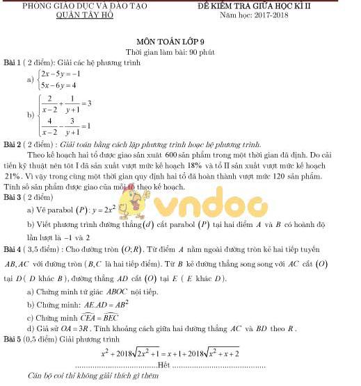 Đề thi giữa học kì 2 lớp 9 môn Toán Phòng GD&ĐT Quận Tây Hồ năm học 2017 - 2018