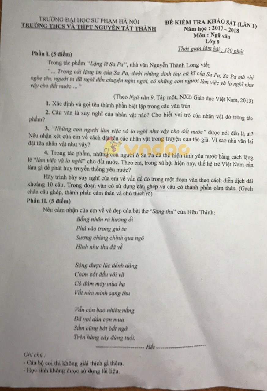 Đề thi thử vào lớp 10 môn Ngữ văn (lần 1) trường THCS & THPT Nguyễn Tất Thành năm học 2017 - 2018
