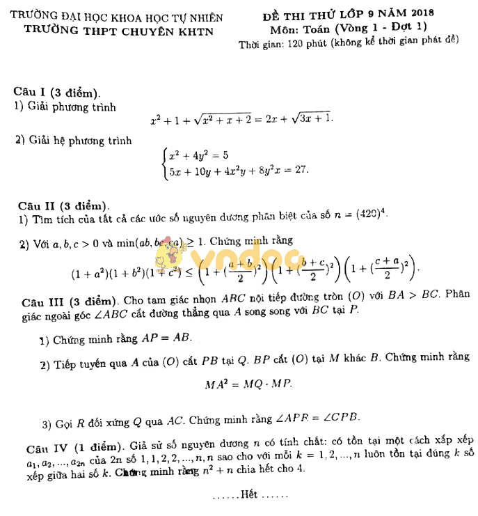 Đề thi thử vào lớp 10 môn Toán trường THPT Chuyên KHTN năm học 2017 - 2018 (vòng 1 - đợt 1)