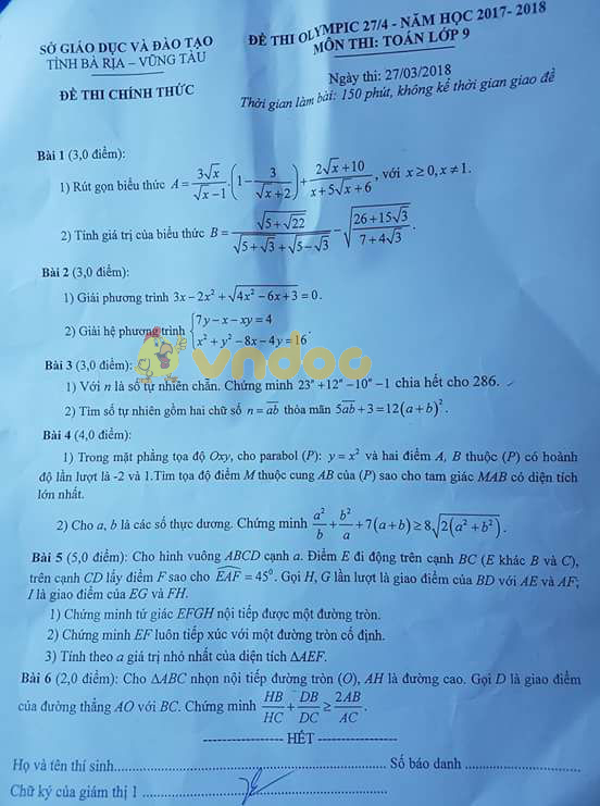 Đề thi Olympic lớp 9 môn Toán Sở GD&ĐT Bà Rịa - Vũng Tàu năm học 2017 - 2018