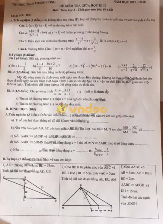 Đề thi giữa học kì 2 lớp 8 môn Toán trường THCS Thành Công năm học 2017 - 2018