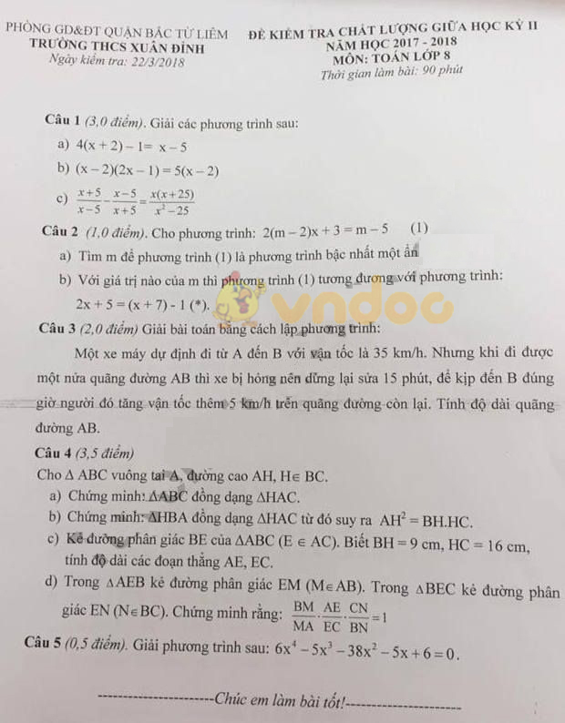Đề thi giữa học kì 2 lớp 8 môn Toán trường THCS Xuân Đỉnh, Bắc Từ Liêm năm học 2017 - 2018
