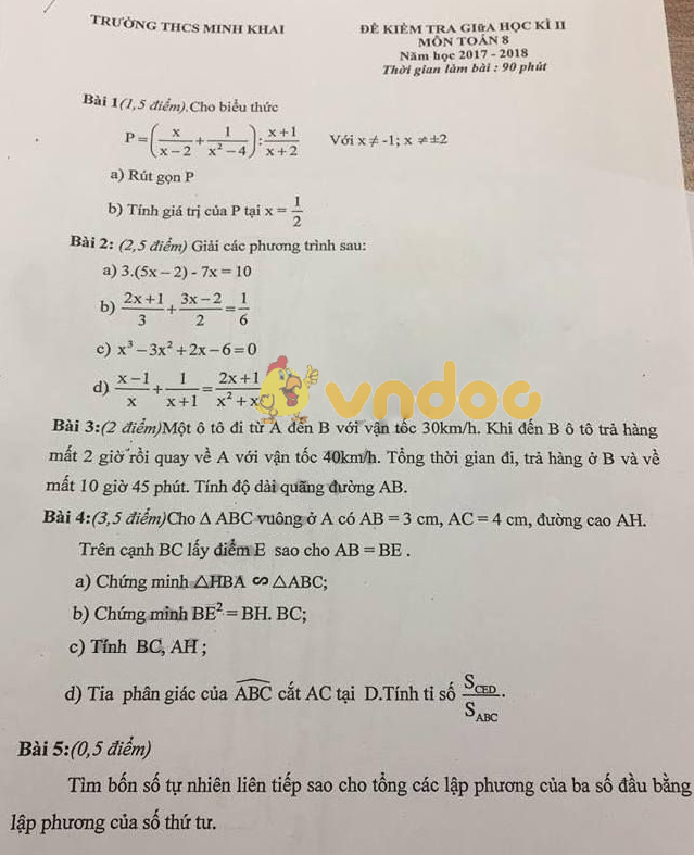 Đề thi giữa học kì 2 lớp 8 môn Toán trường THCS Minh Khai năm học 2017 - 2018