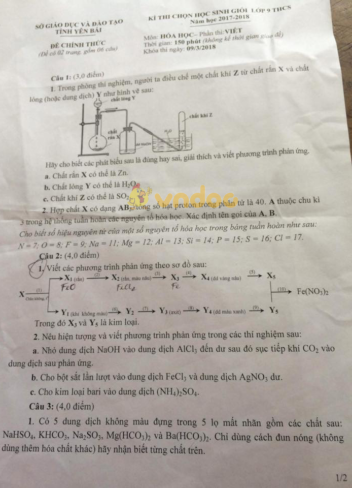 Đề thi chọn học sinh giỏi lớp 9 môn Hóa học Sở GD&ĐT Yên Bái năm học 2017 - 2018