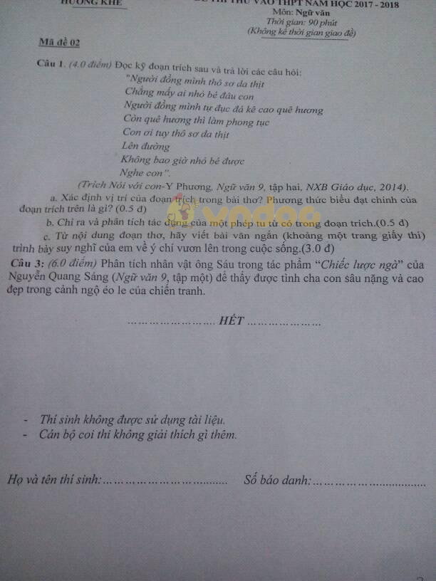Đề thi thử vào lớp 10 môn Ngữ văn trường THPT Hương Khê, Hà Tĩnh năm học 2017 - 2018
