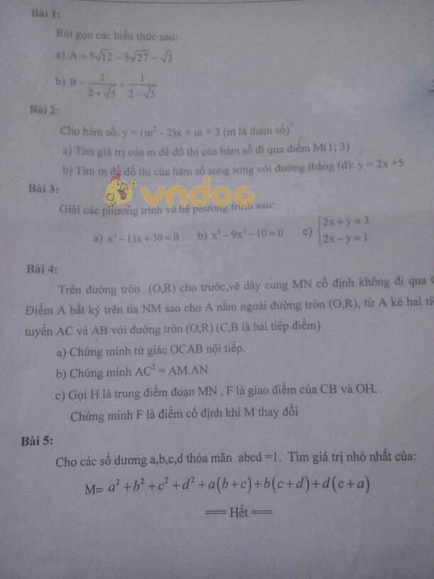 Đề thi thử vào lớp 10 môn Toán trường THPT Hương Khê, Hà Tĩnh năm học 2018 - 2019
