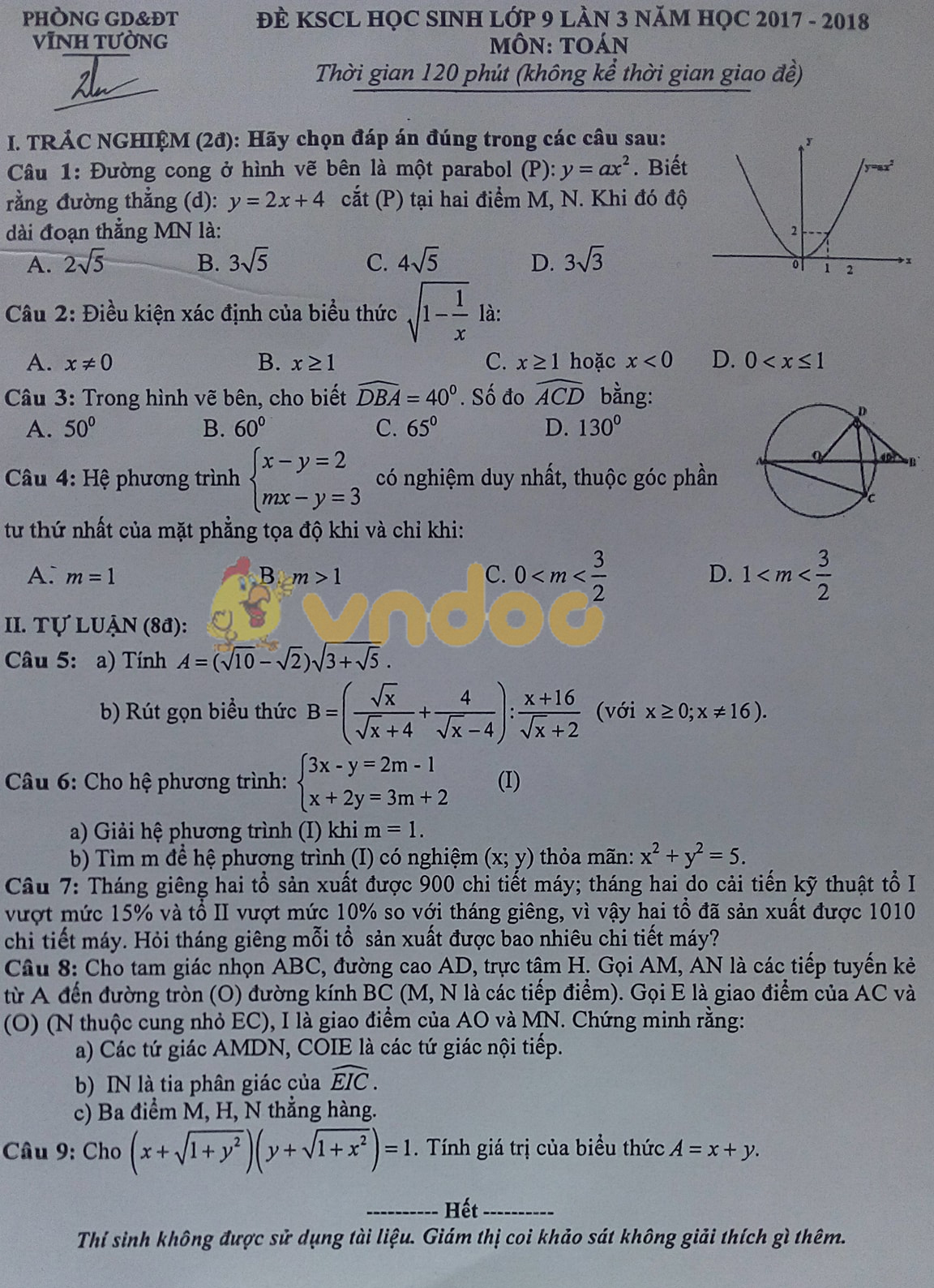 Đề KSCL môn Toán lớp 9 lần 3 Phòng GD&ĐT Vĩnh Tường năm 2017 - 2018