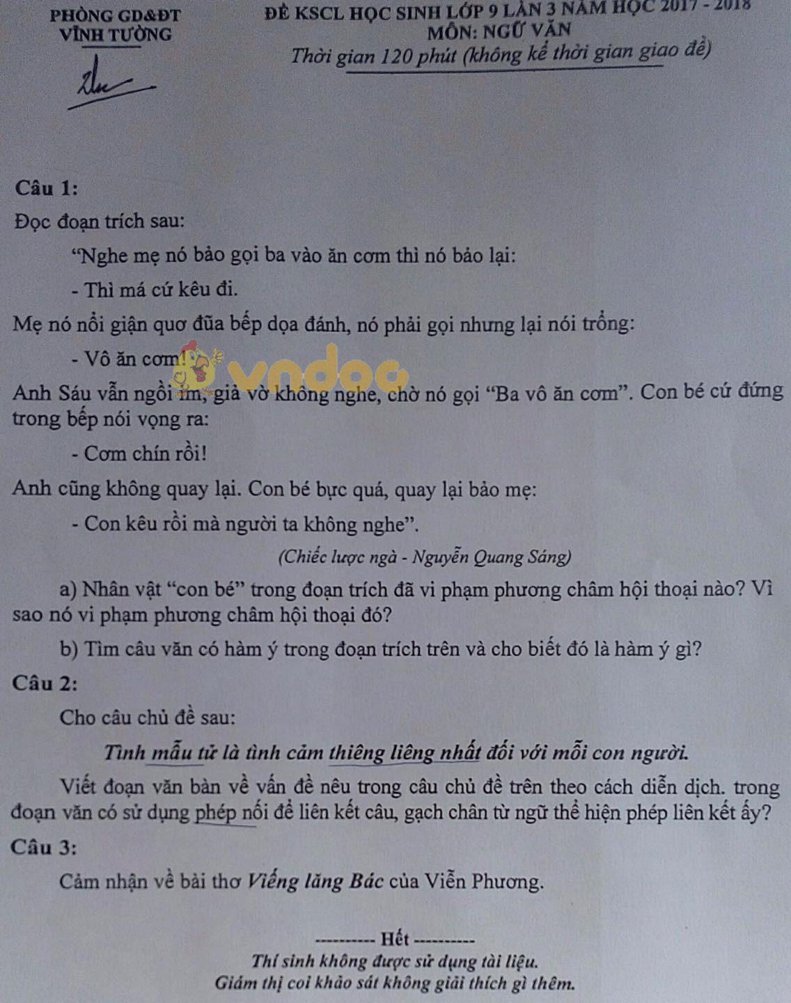 Đề KSCL môn Ngữ văn lớp 9 lần 3 Phòng GD&ĐT Vĩnh Tường năm 2017 - 2018