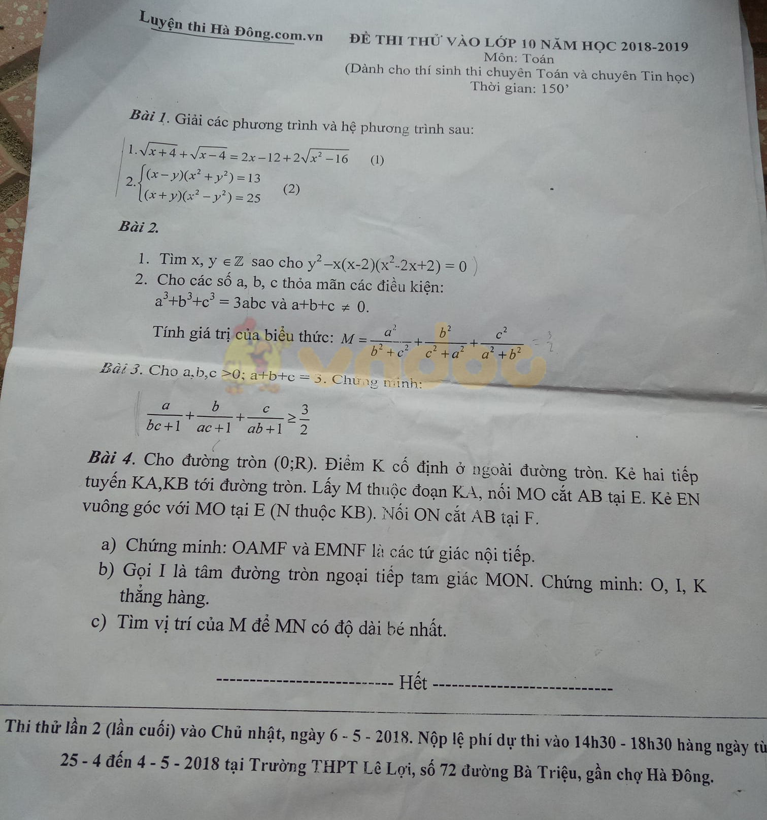 Đề thi thử vào lớp 10 môn Toán trường THPT Chuyên Nguyễn Huệ, Hà Nội năm học 2018 - 2019
