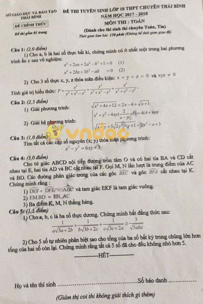 Đề thi tuyển sinh vào lớp 10 môn Toán trường THPT Chuyên Thái Bình, Thái Bình năm học 2017 - 2018
