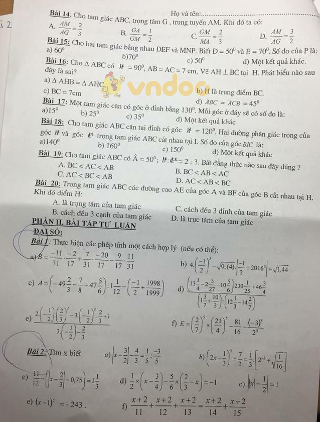 Đề cương ôn tập học kì 2 lớp 7 môn Toán năm học 2017 - 2018