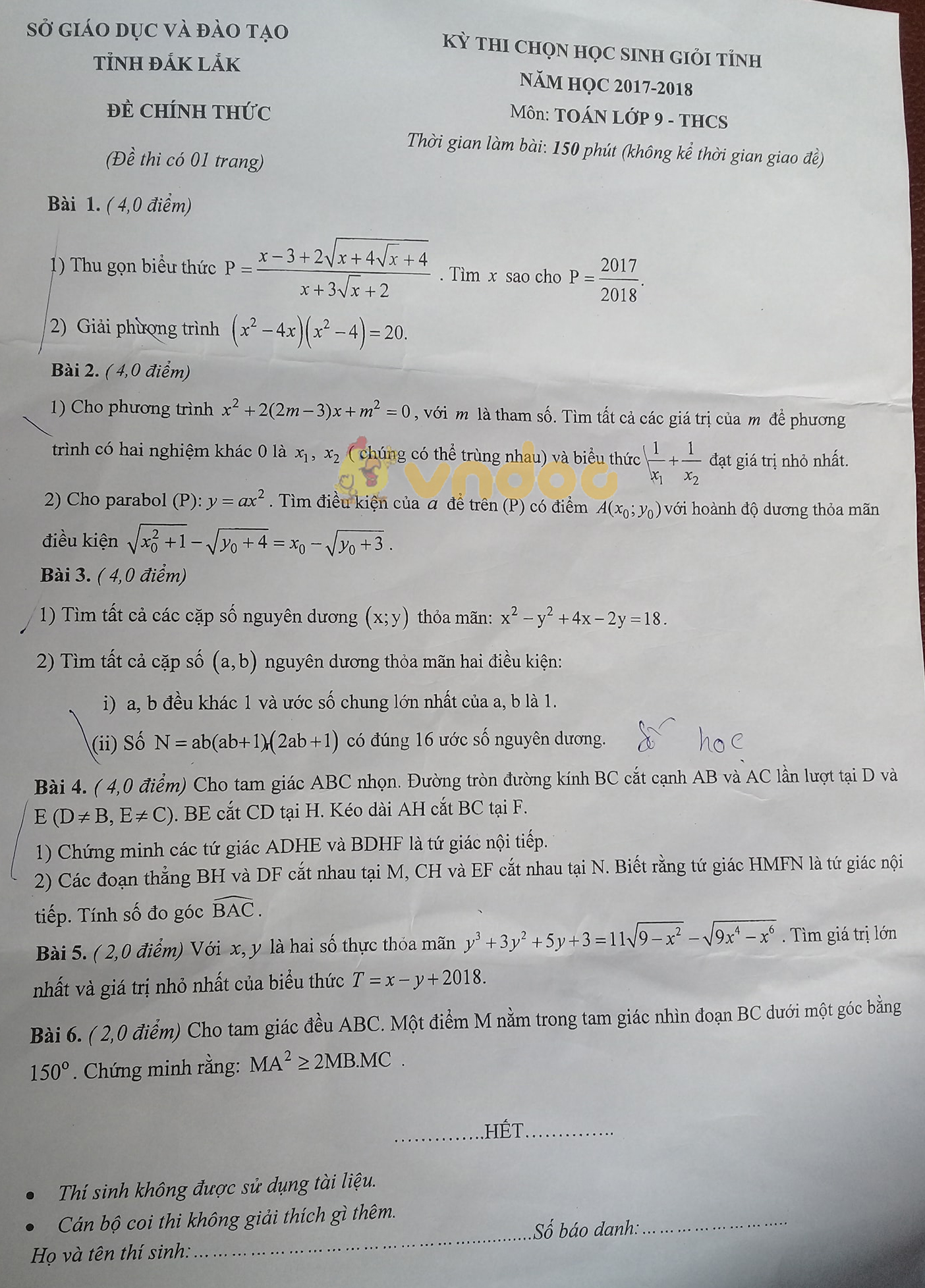 Đề thi chọn học sinh giỏi cấp tỉnh lớp 9 môn Toán Sở GD&ĐT Đắk Lắk năm học 2017 - 2018