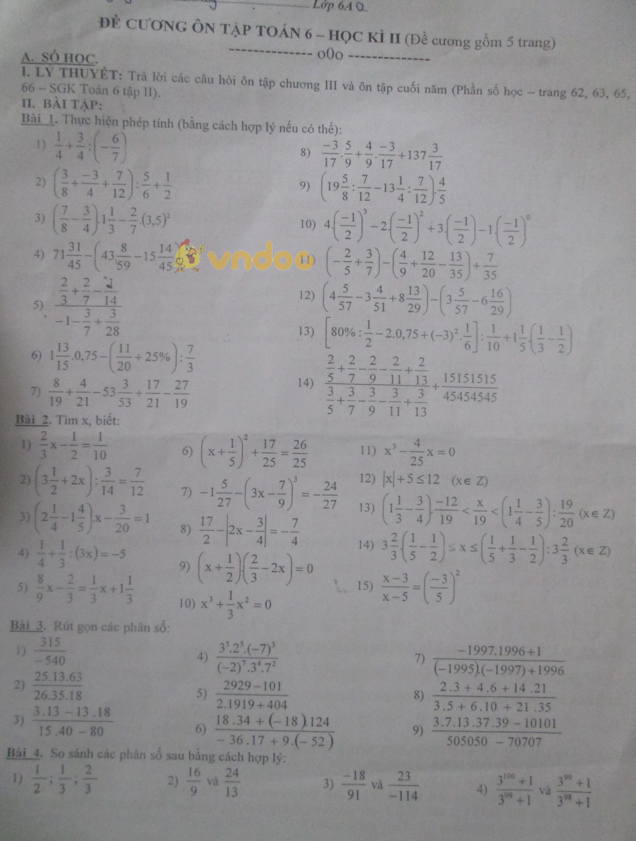 Đề cương ôn tập học kì 2 lớp 6 môn Toán trường THCS Nguyễn Trường Tộ năm học 2017 - 2018