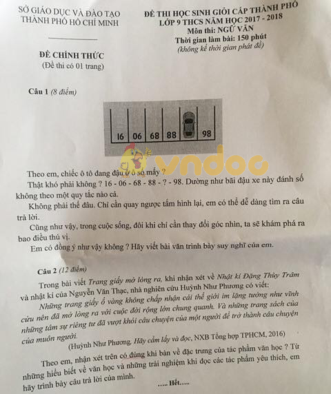 Đề thi chọn học sinh giỏi cấp thành phố lớp 9 môn Ngữ văn Sở GD&ĐT Thành Phố Hồ Chí Minh năm học 2017 - 2018
