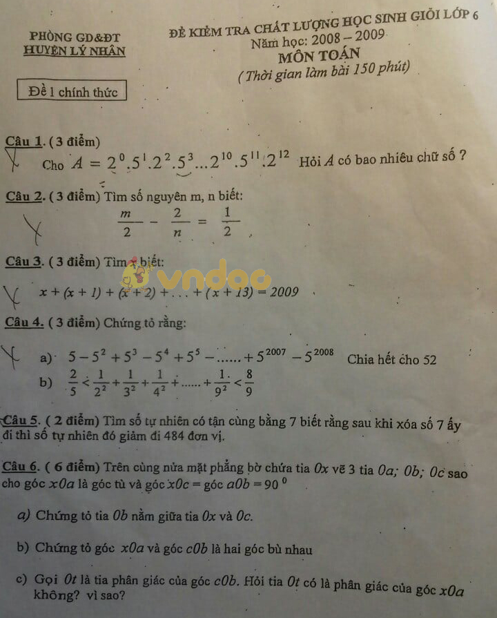 Đề thi chọn học sinh giỏi lớp 6 môn Toán Phòng GD&ĐT huyện Lý Nhân 