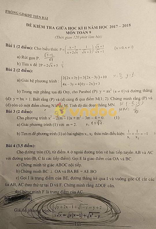 Đề thi giữa học kì 2 lớp 9 môn Toán Phòng GD&ĐT Tiền Hải năm học 2017 - 2018
