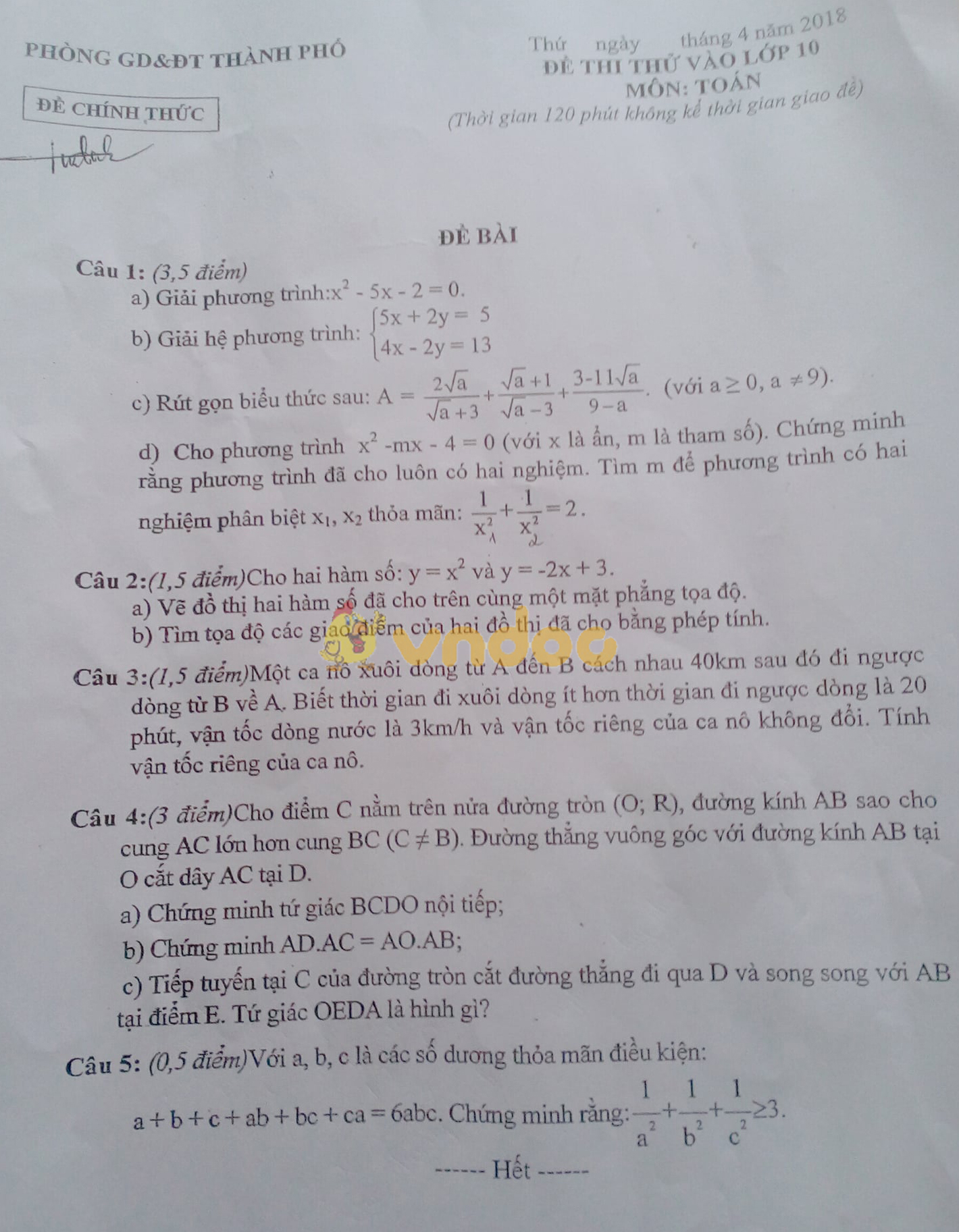 Đề thi thử vào lớp 10 môn Toán năm học 2017 - 2018
