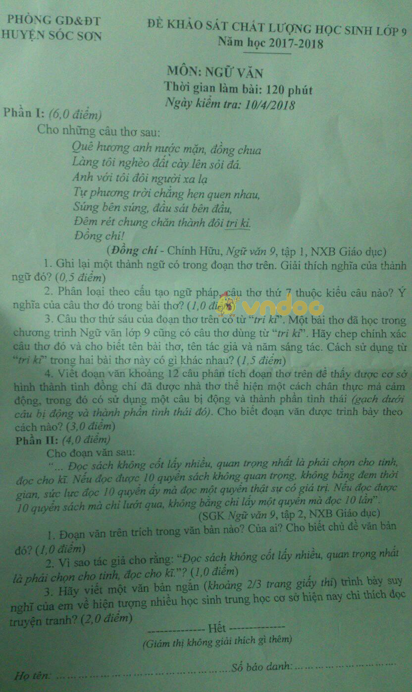 Đề KSCL môn Ngữ văn lớp 9 Phòng GD&ĐT huyện Sóc Sơn năm học 2017 - 2018
