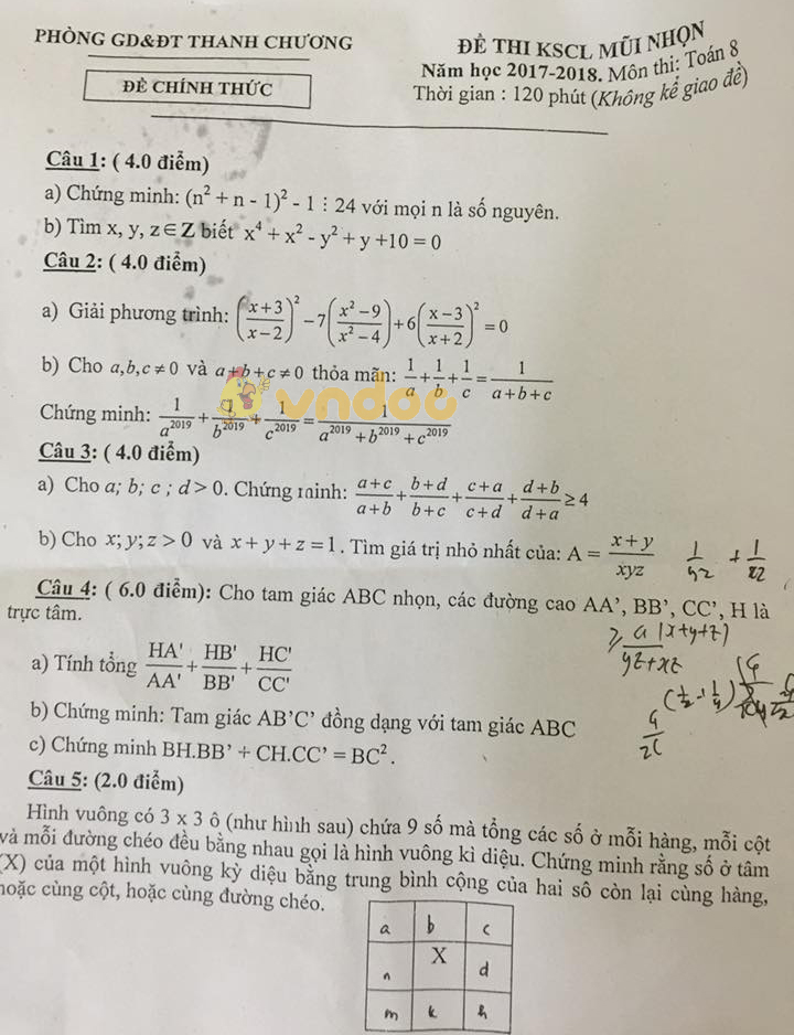 Đề thi KSCL Mũi Nhọn lớp 8 môn Toán Phòng GD&ĐT Thanh Chương năm học 2017 - 2018
