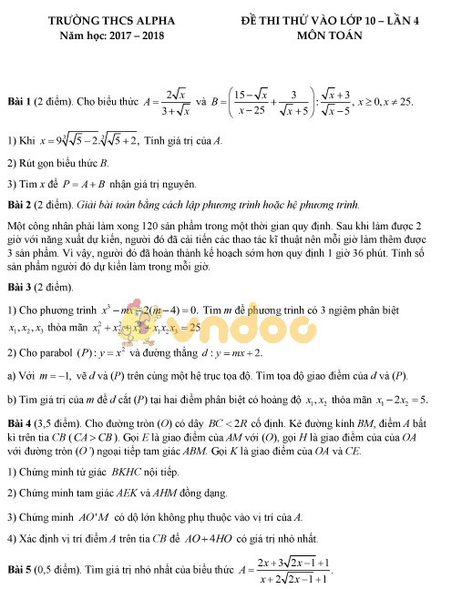 Đề thi thử vào lớp 10 môn Toán trường THCS Alpha năm học 2017 - 2018 (lần 4)