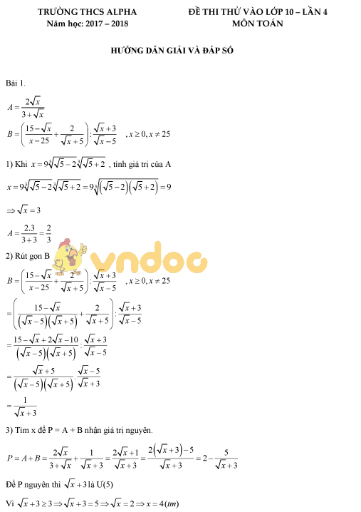 Đề thi thử vào lớp 10 môn Toán trường THCS Alpha năm học 2017 - 2018 (lần 4)