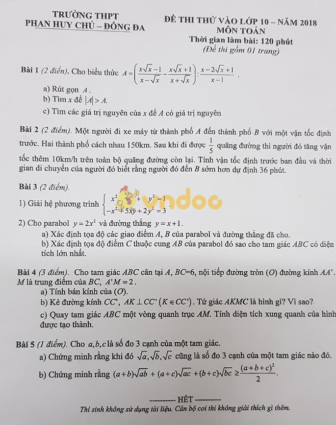 Đề thi thử vào lớp 10 môn Toán trường THPT Phan Huy Chú, Đống Đa năm học 2017 - 2018
