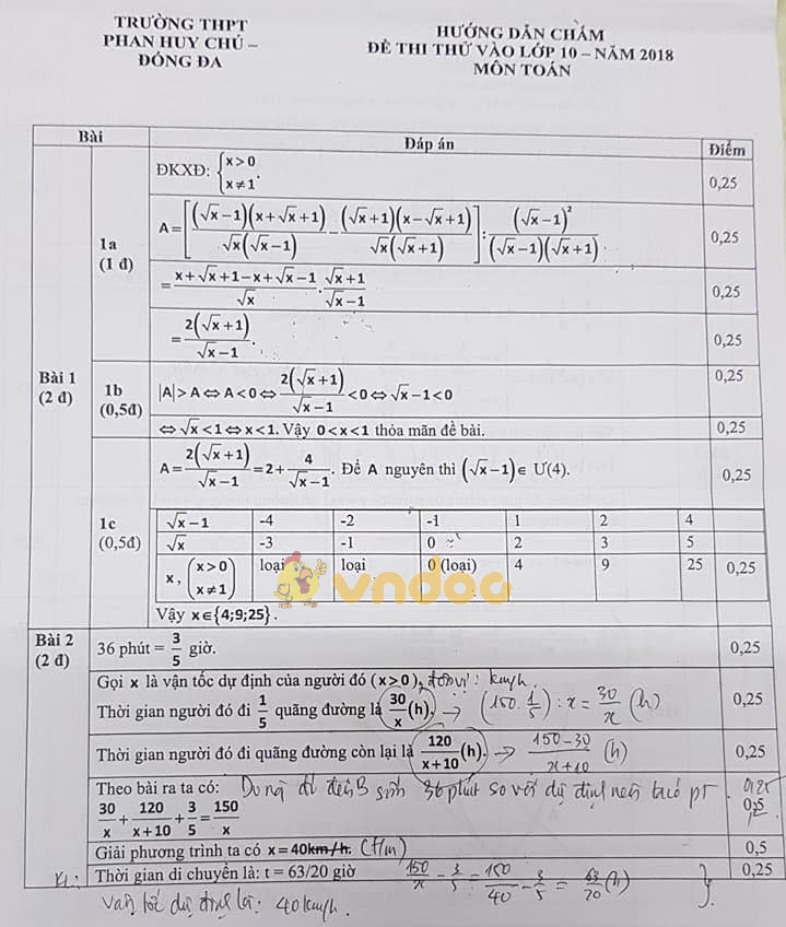 Đề thi thử vào lớp 10 môn Toán trường THPT Phan Huy Chú, Đống Đa năm học 2017 - 2018