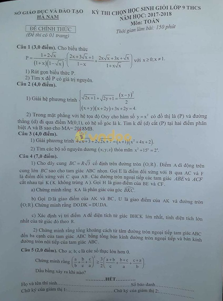 Đề thi chọn học sinh giỏi lớp 9 môn Toán Sở GD&ĐT Hà Nam năm học 2017 - 2018