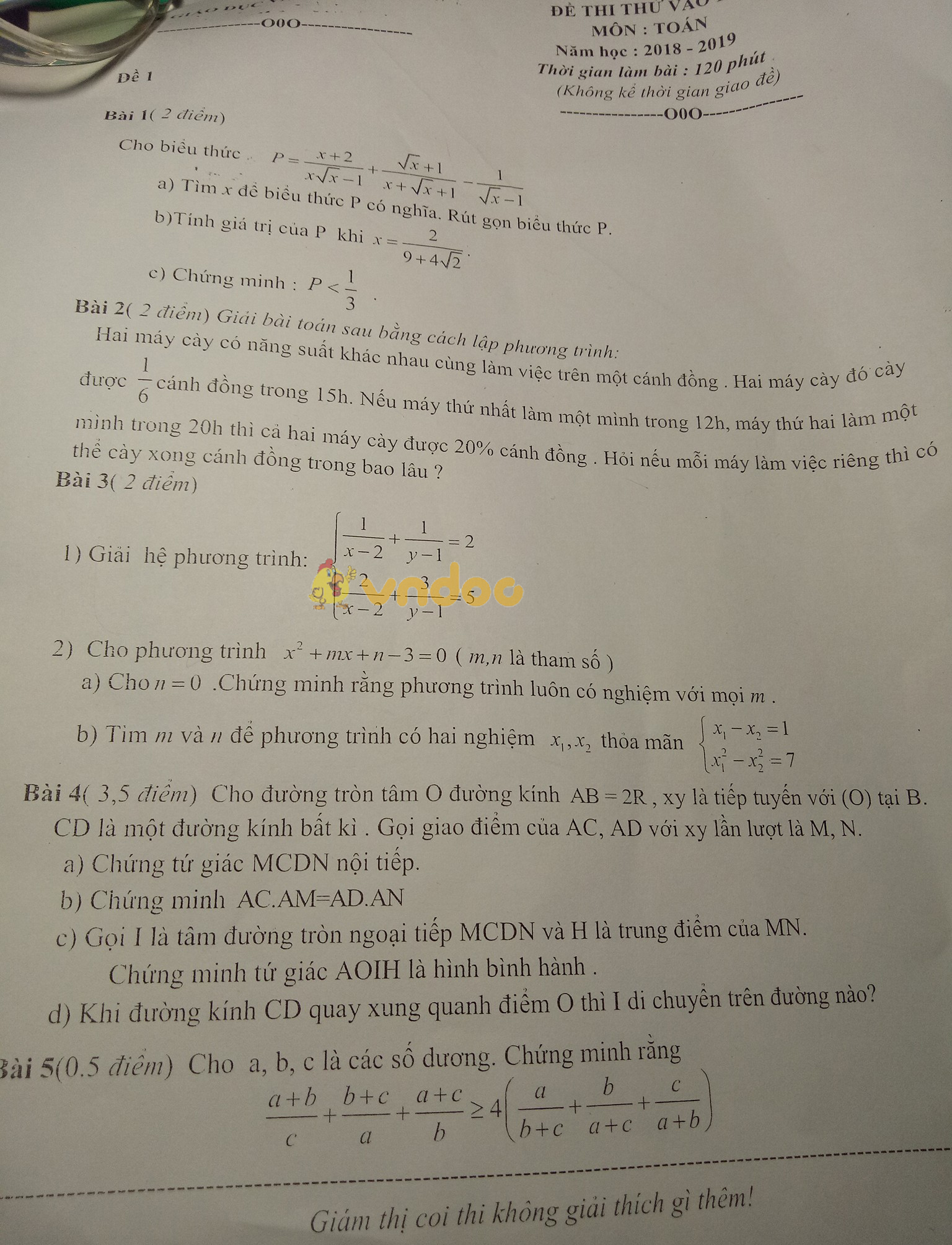 Đề thi thử vào lớp 10 môn Toán Phòng GD&ĐT Hà Tĩnh năm học 2018 - 2019