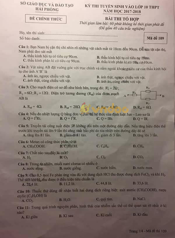 Đề thi tổ hợp tuyển sinh vào lớp 10 Sở GD&ĐT Hải Phòng năm học 2017 - 2018