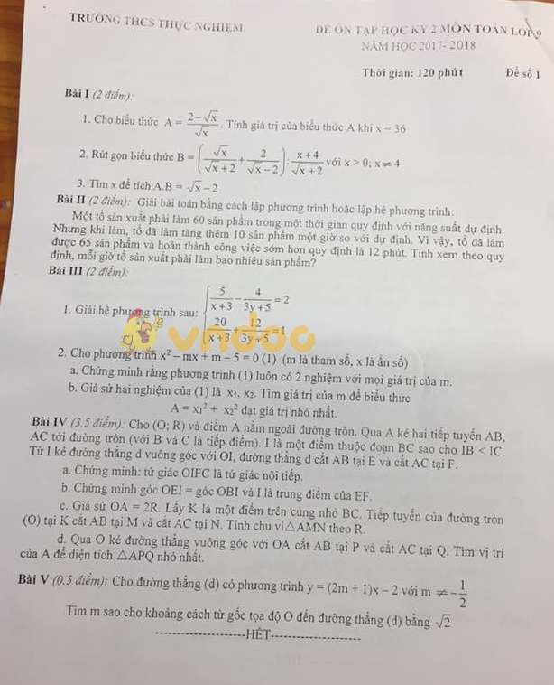 Đề cương ôn tập học kì 2 lớp 9 môn Toán trường THCS Thực Nghiệm năm học 2017 - 2018
