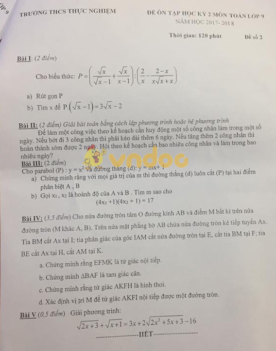 Đề cương ôn tập học kì 2 lớp 9 môn Toán trường THCS Thực Nghiệm năm học 2017 - 2018