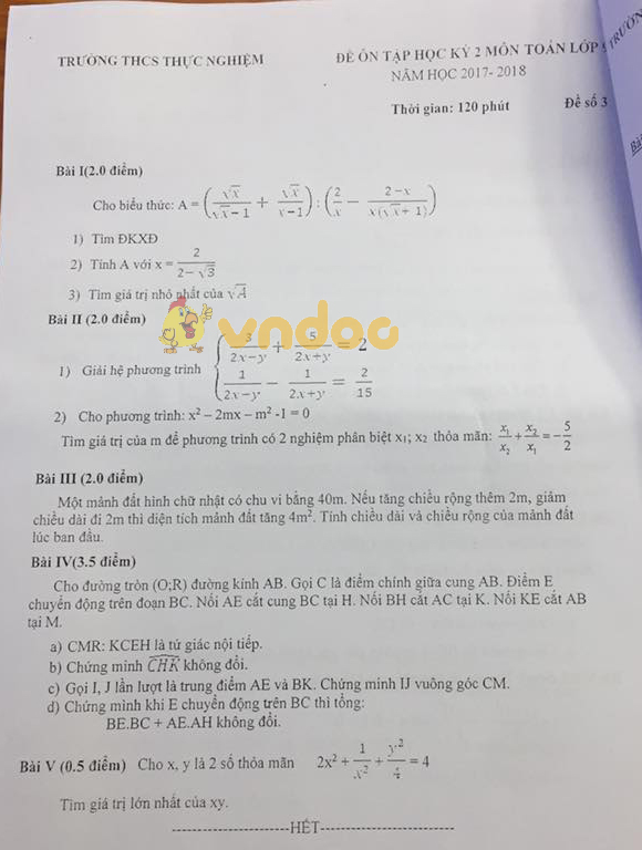 Đề cương ôn tập học kì 2 lớp 9 môn Toán trường THCS Thực Nghiệm năm học 2017 - 2018