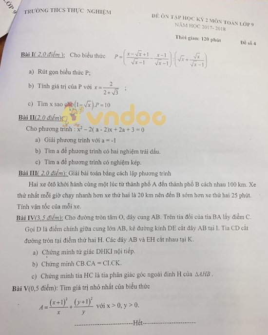 Đề cương ôn tập học kì 2 lớp 9 môn Toán trường THCS Thực Nghiệm năm học 2017 - 2018