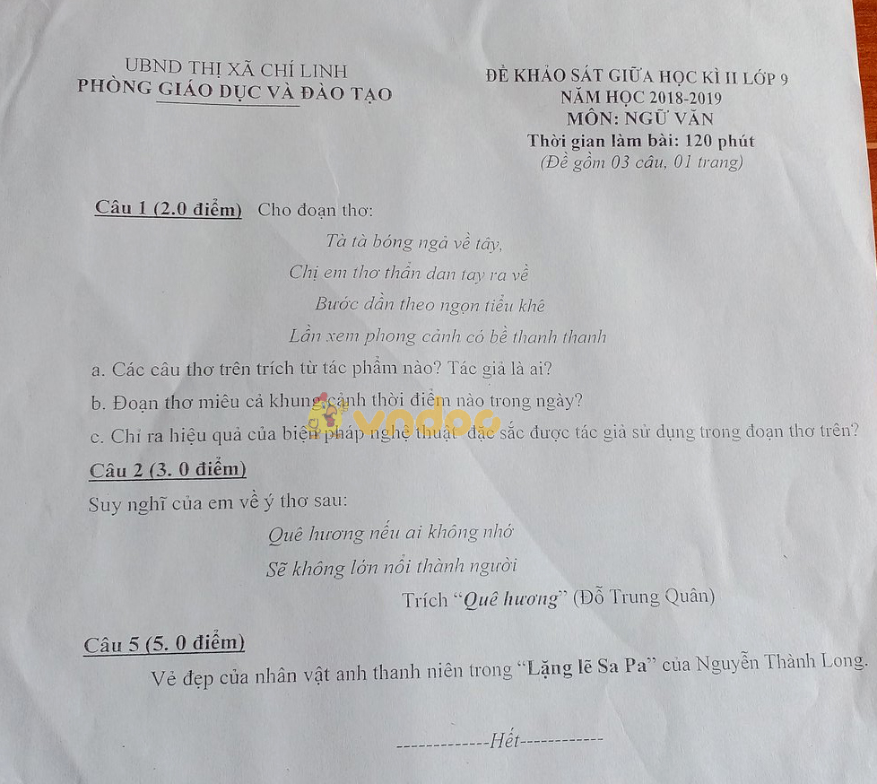 Đề KSCL giữa học kì 2 lớp 9 môn Ngữ văn Phòng GD&ĐT Chí Linh năm học 2018 - 2019