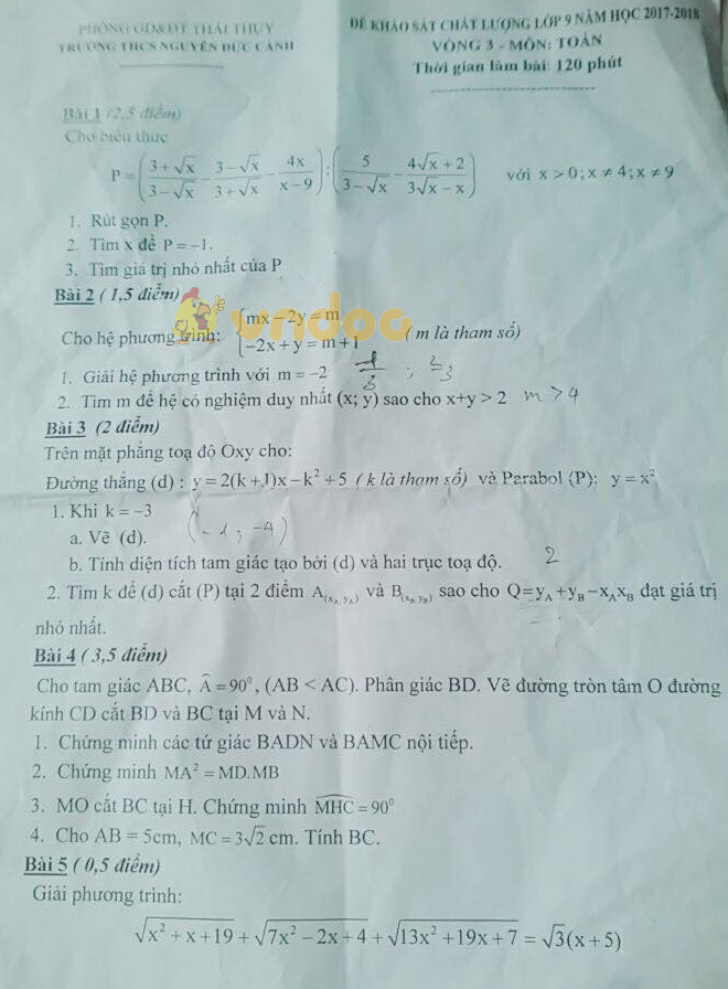 Đề KSCL học kì 2 lớp 9 môn Toán trường THCS Nguyễn Đức Cảnh, Thái Thụy năm học 2017 - 2018 (vòng 3)