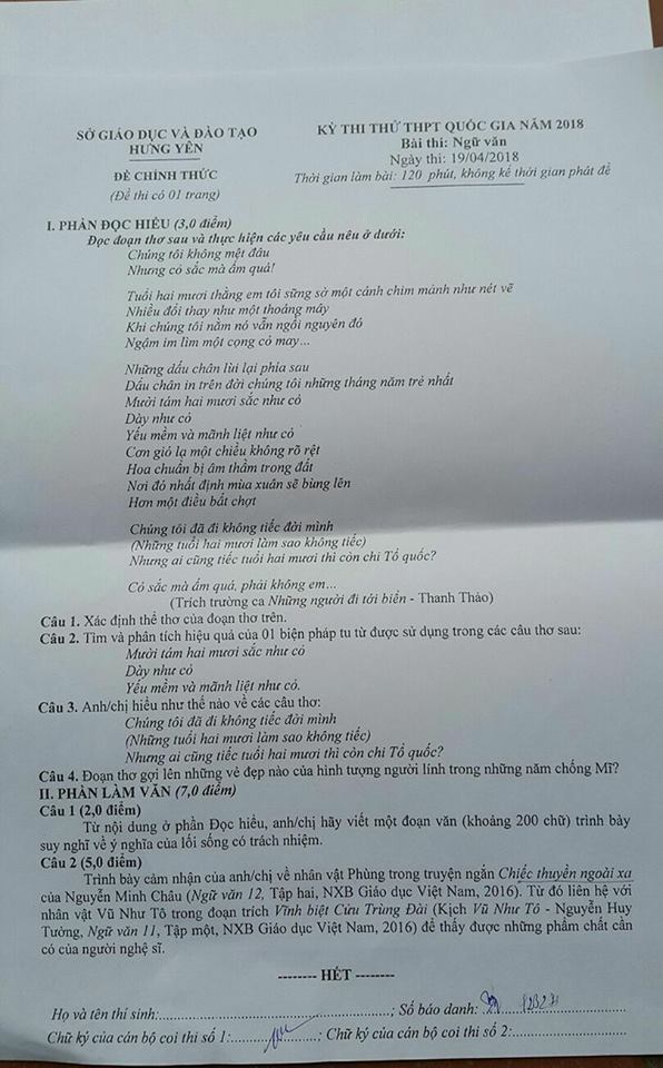 Đề thi thử THPT quốc gia môn Ngữ văn năm 2018