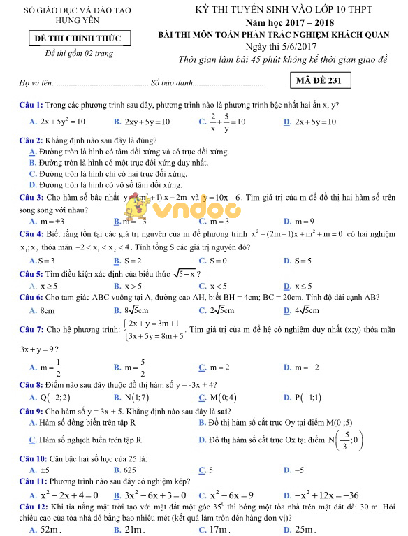 Đề thi tuyển sinh vào lớp 10 môn Toán trắc nghiệm khách quan Sở GD&ĐT Hưng Yên năm học 2017 - 2018