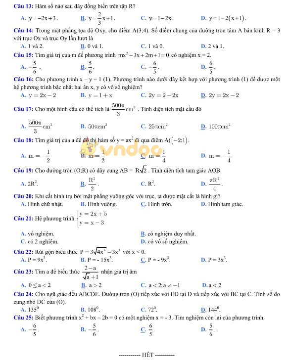 Đề thi tuyển sinh vào lớp 10 môn Toán trắc nghiệm khách quan Sở GD&ĐT Hưng Yên năm học 2017 - 2018