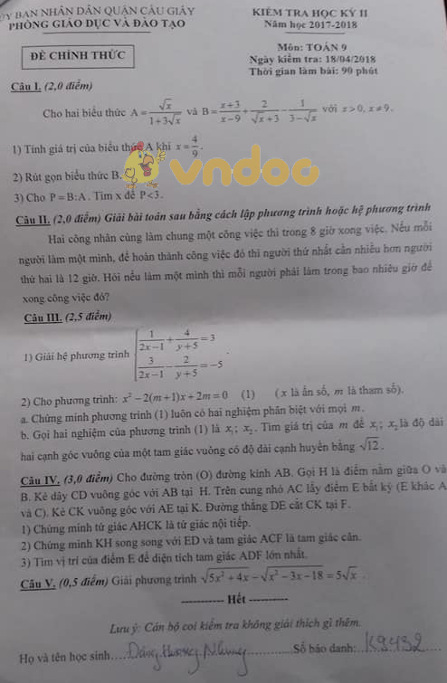Đề kiểm tra học kì 2 lớp 9 môn Toán Phòng GD&ĐT Cầu Giấy năm học 2017 - 2018