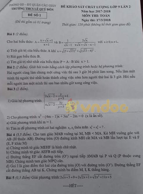Đề KSCL lớp 9 môn Toán trường THCS Lê Quý Đôn, Cầu Giấy năm học 2017 - 2018 (lần 2)